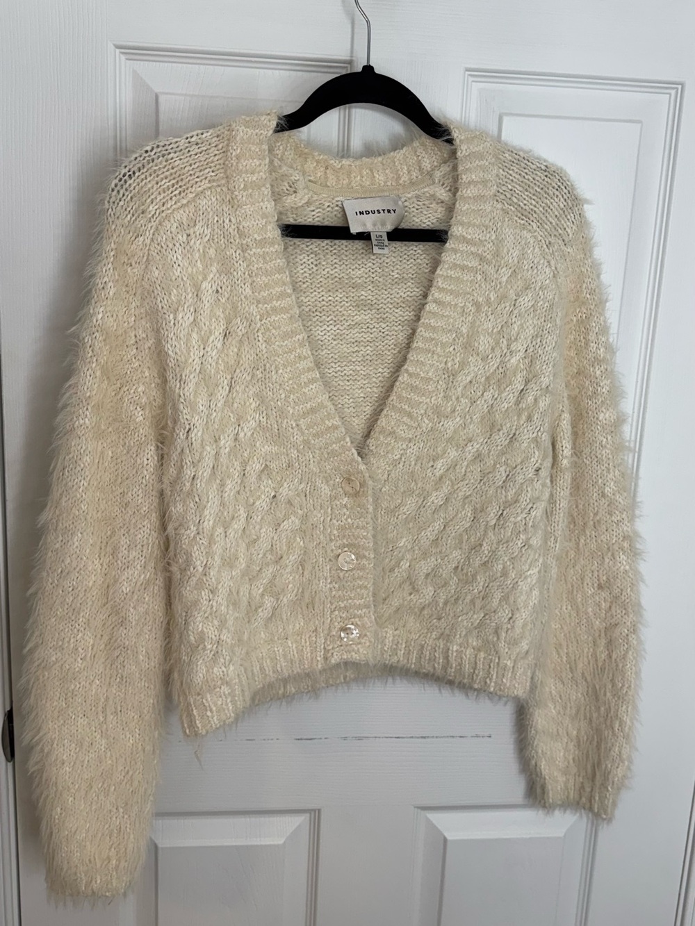 INDUSTRY Ivory Fuzzy Cable-Knit V-Neck Cardigan